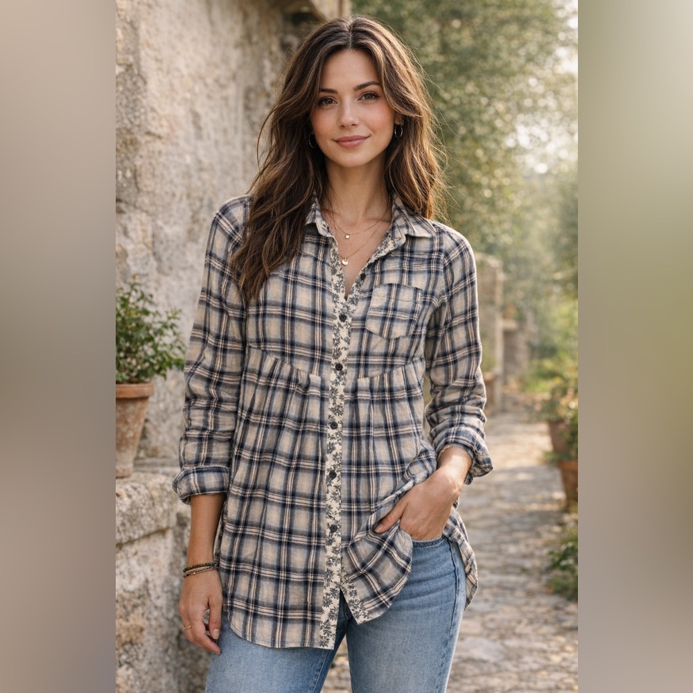 Free People Navy and White Plaid Shirt